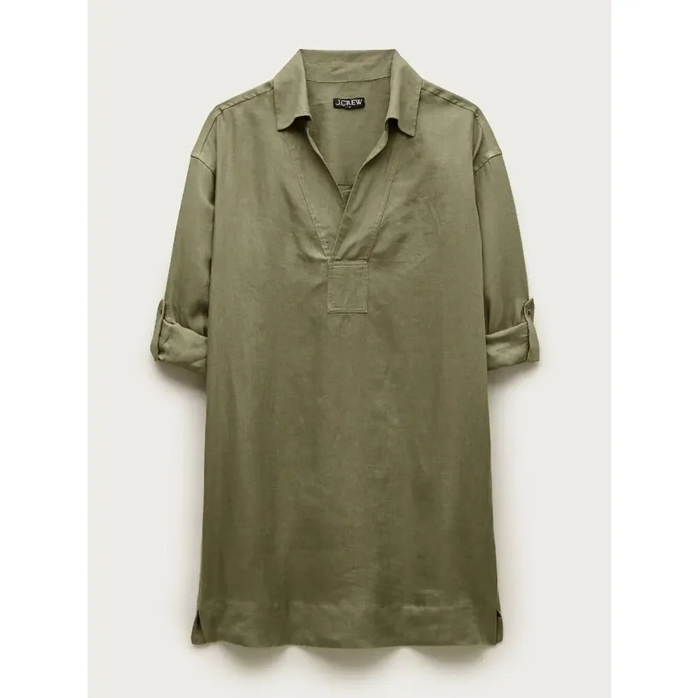 J.Crew Boho Casual V Neck Popover Mini Dress Linen Green S
